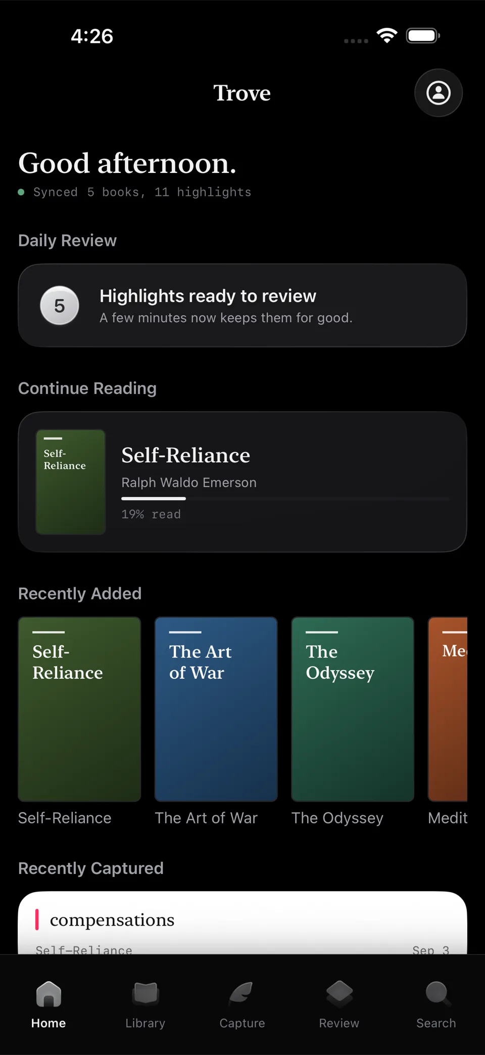 The Trove home screen: a greeting, five books synced with eleven highlights, a daily review card offering five highlights to revisit, and Self-Reliance nineteen percent read.