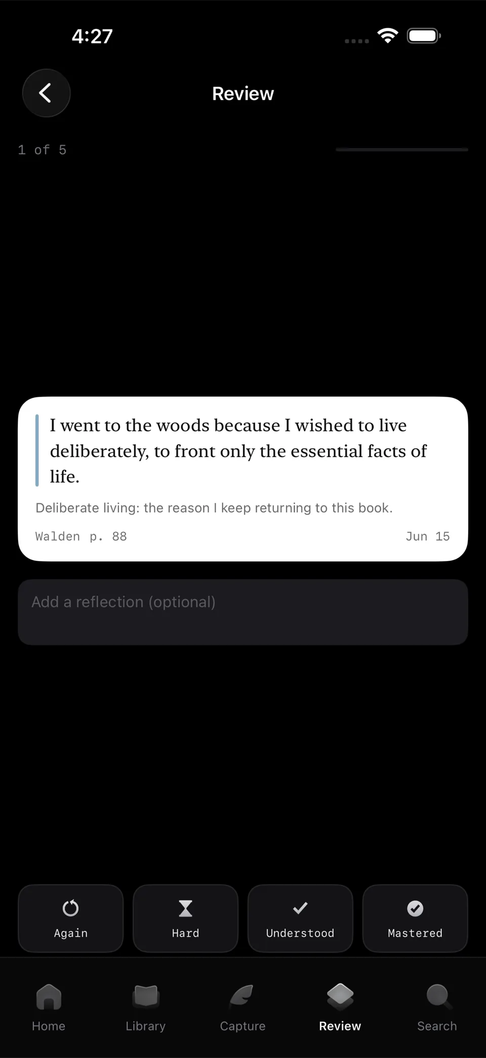 A Trove review card: a passage from Meditations page 71 on a white card with the note left on it, a reflection typed underneath, and four grading buttons reading Again, Hard, Understood and Mastered.